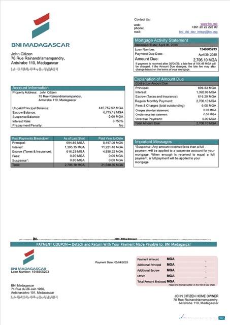 Download Madagascar BNI Madagascar mortgage statement Word and PDF template Photoshop template